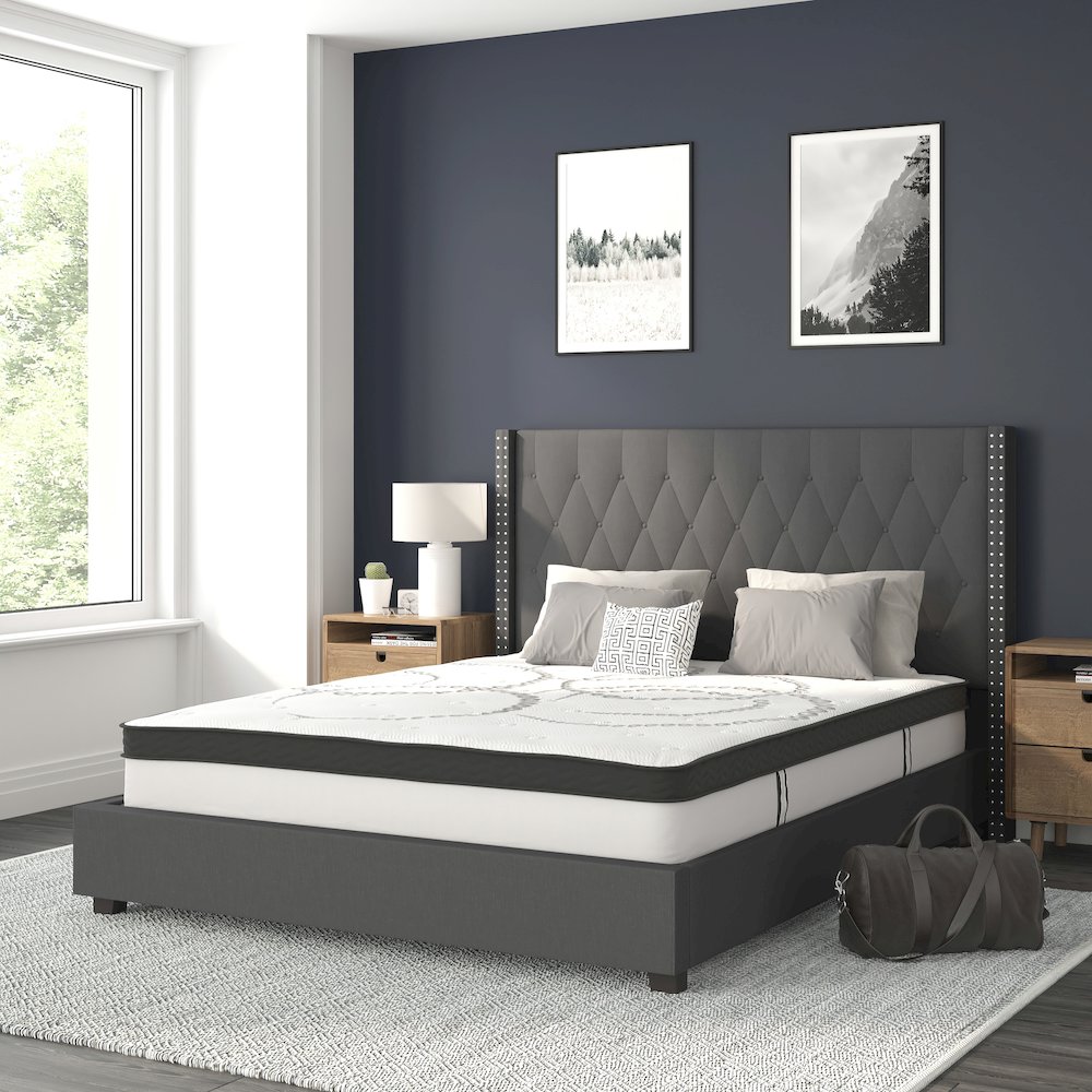 Queen Size Tufted Upholstered Platform Bed in Dark Gray Fabric