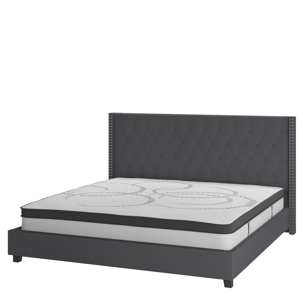 King Size Tufted Upholstered Platform Bed in Dark Gray Fabric