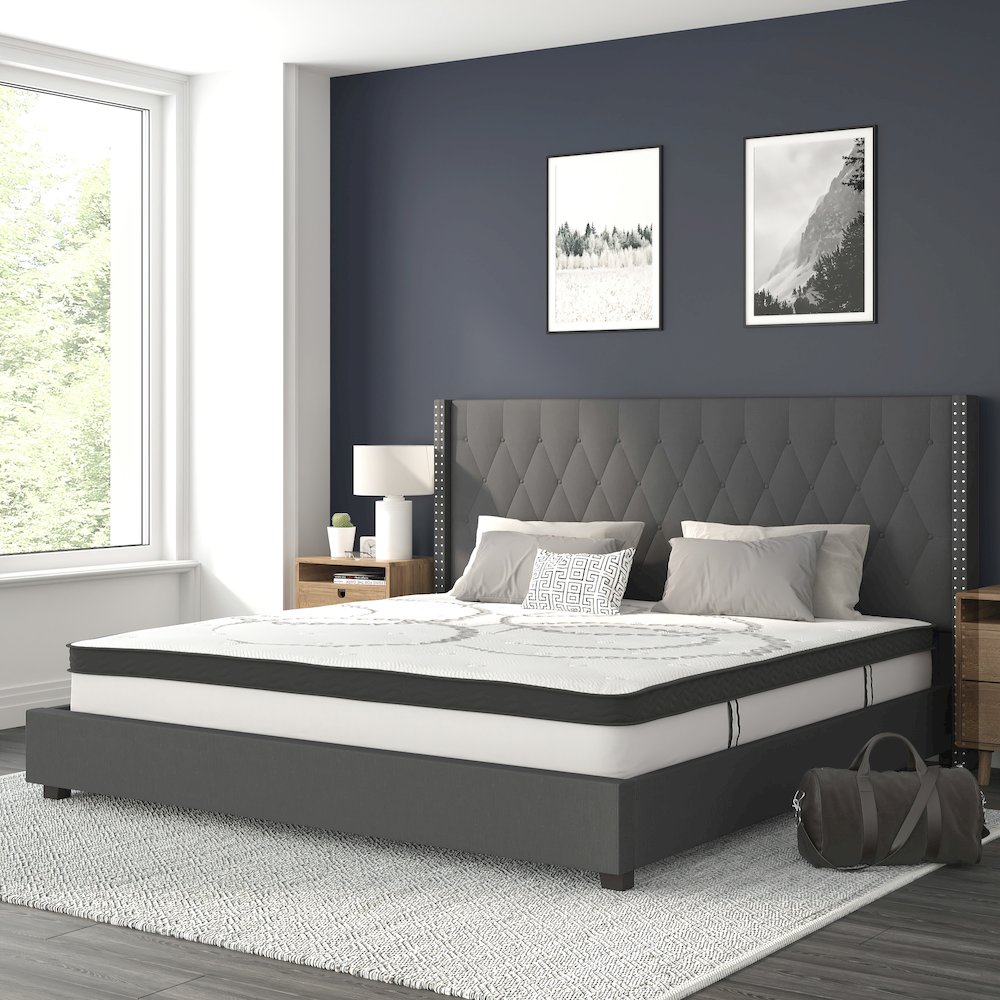 King Size Tufted Upholstered Platform Bed in Dark Gray Fabric