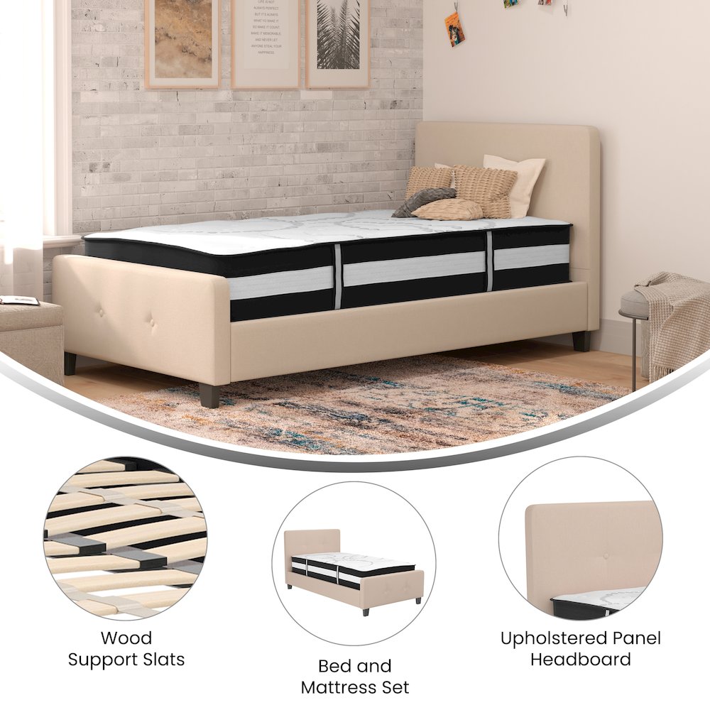 Twin Size Platform Bed in Beige Fabric with Pocket Spring Mattress