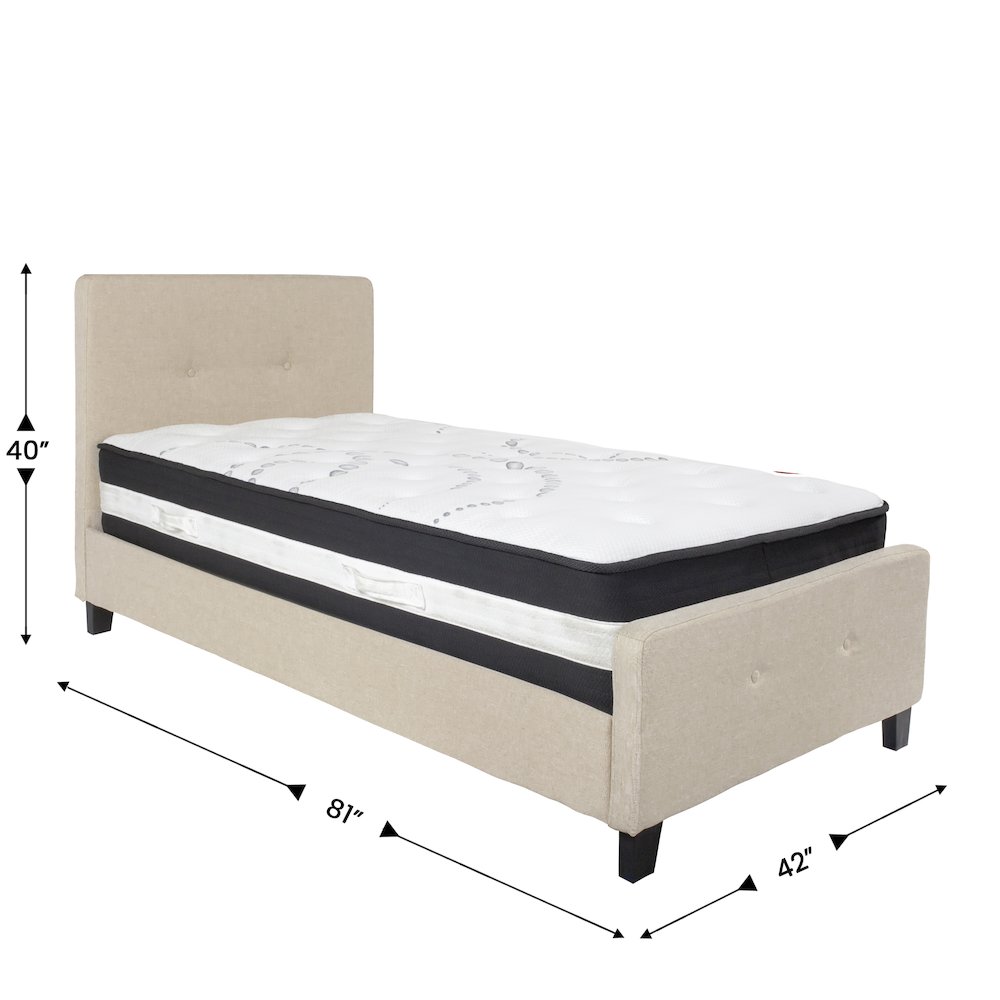 Twin Size Platform Bed in Beige Fabric with Pocket Spring Mattress