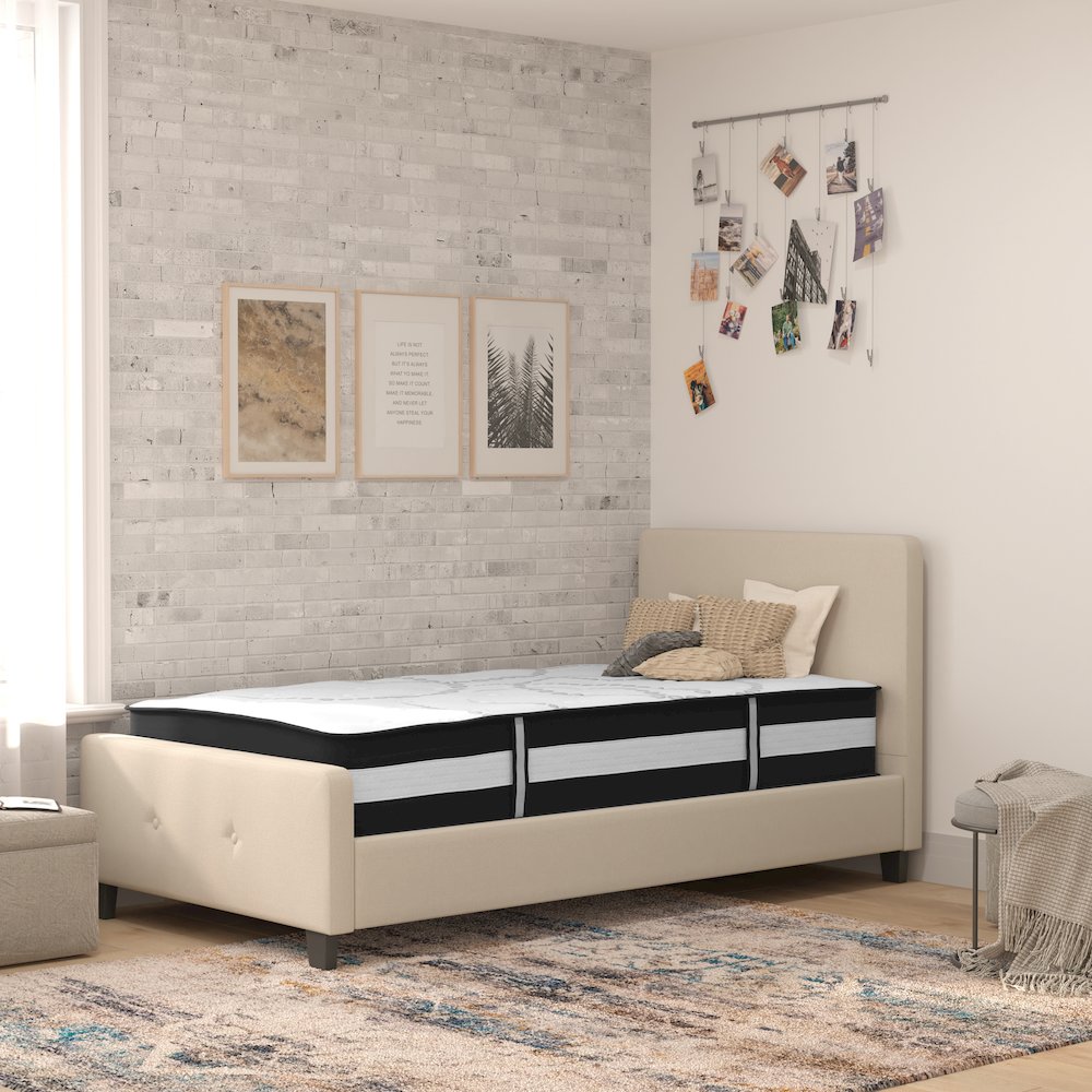 Twin Size Platform Bed in Beige Fabric with Pocket Spring Mattress