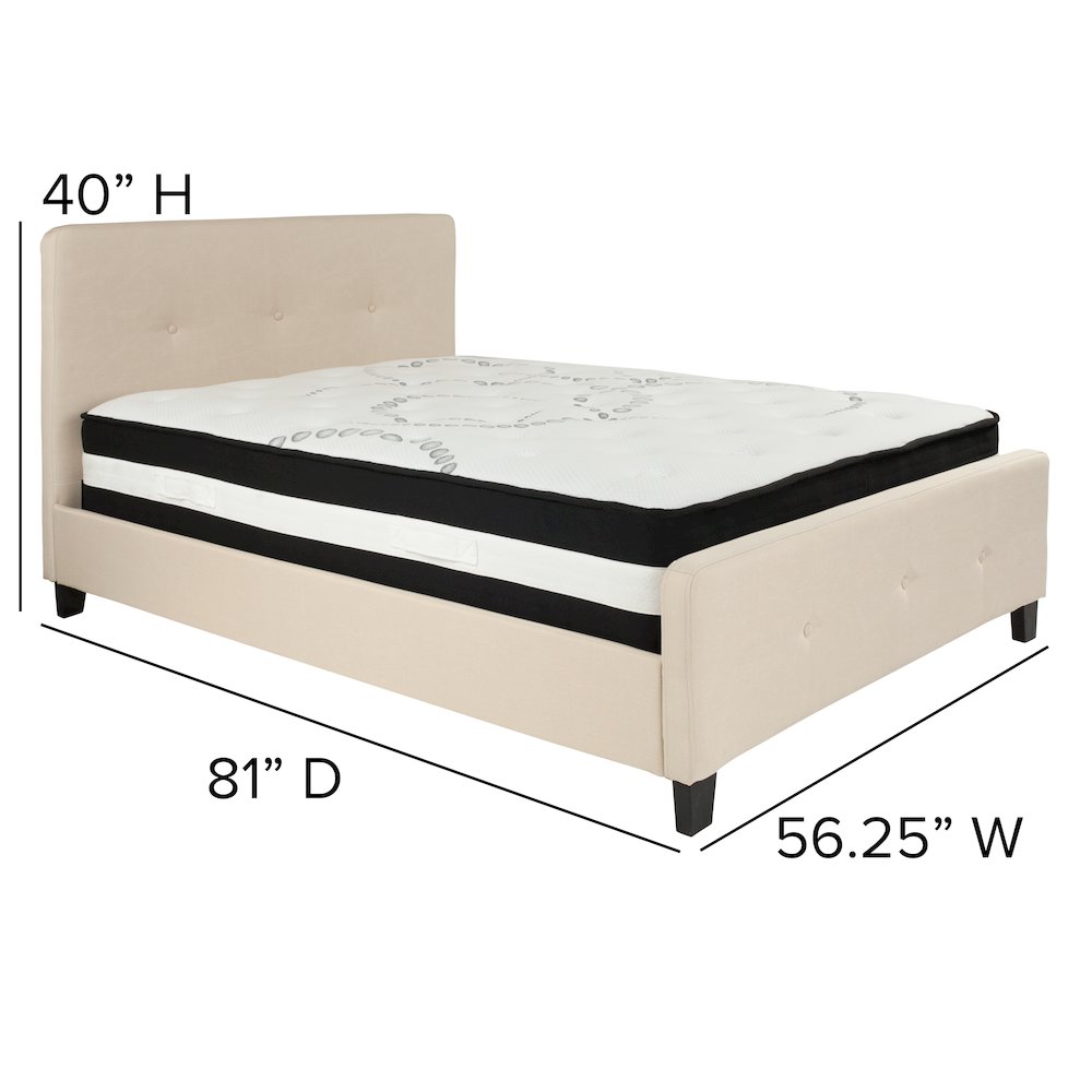 Full Size Platform Bed in Beige Fabric with Pocket Spring Mattress