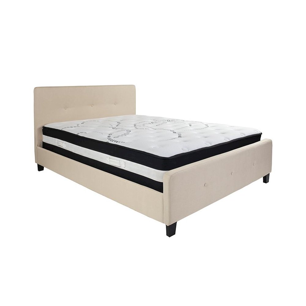 Queen Size Platform Bed in Beige Fabric with Pocket Spring Mattress