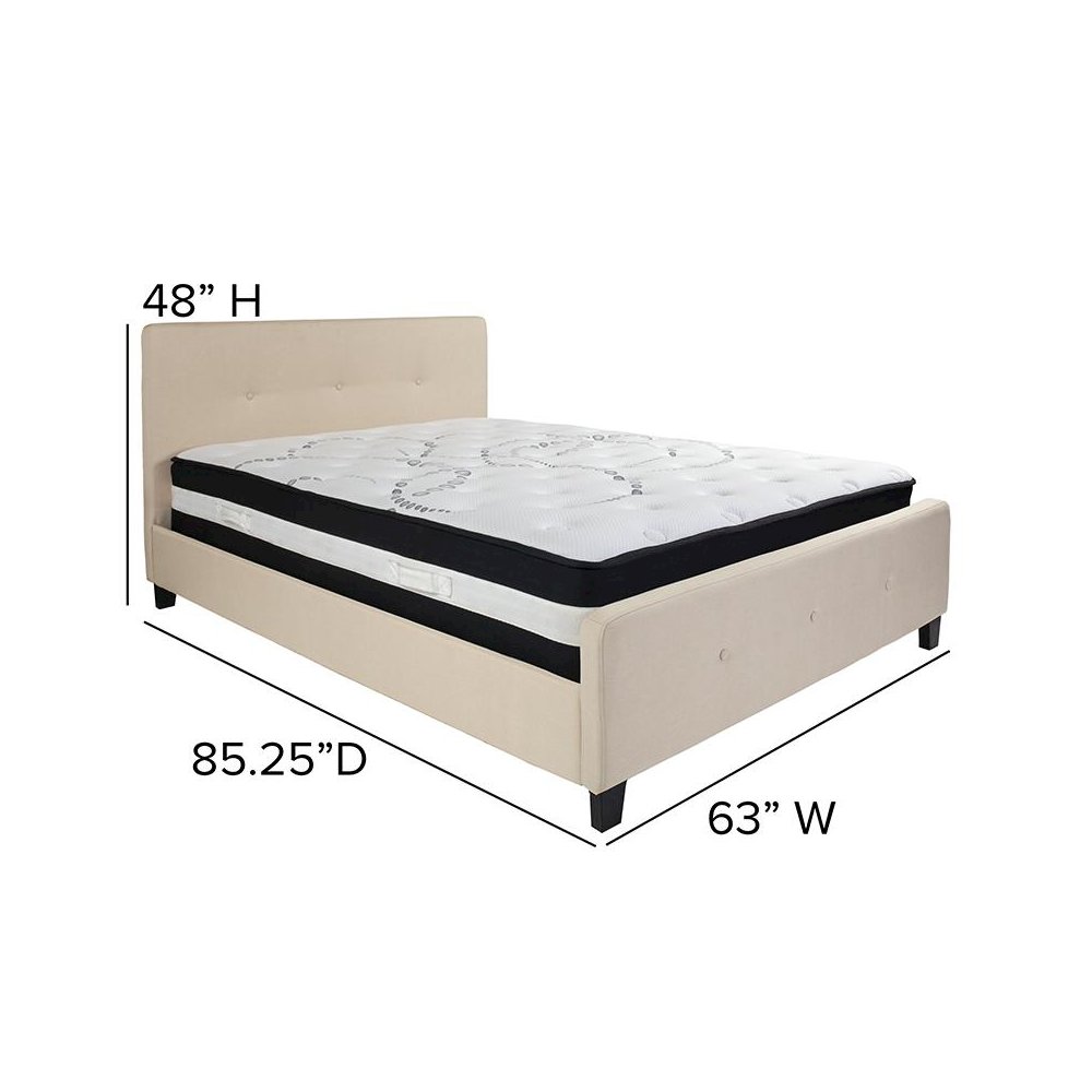 Queen Size Platform Bed in Beige Fabric with Pocket Spring Mattress