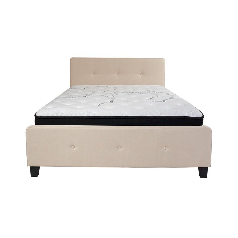 Queen Size Platform Bed in Beige Fabric with Pocket Spring Mattress