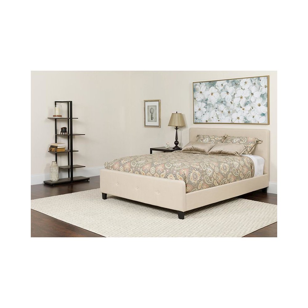 Queen Size Platform Bed in Beige Fabric with Pocket Spring Mattress