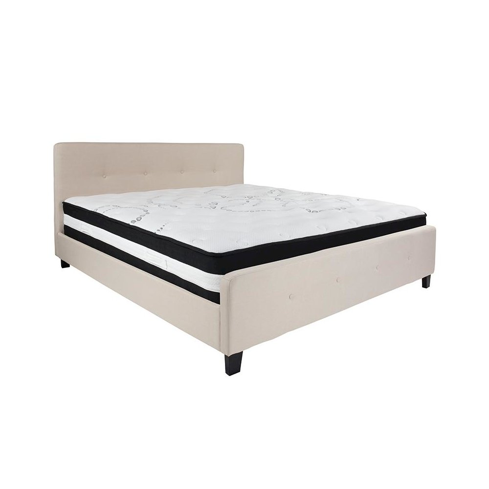 King Size Platform Bed in Beige Fabric with Pocket Spring Mattress