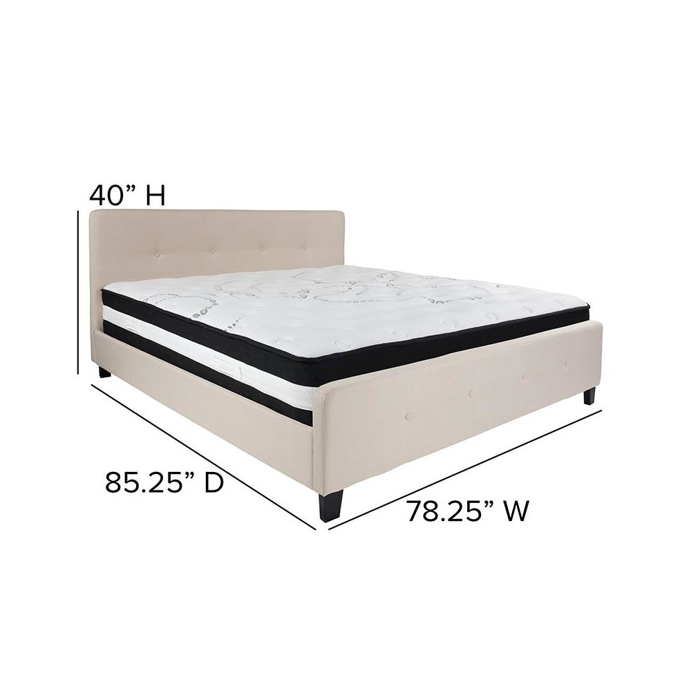 King Size Platform Bed in Beige Fabric with Pocket Spring Mattress