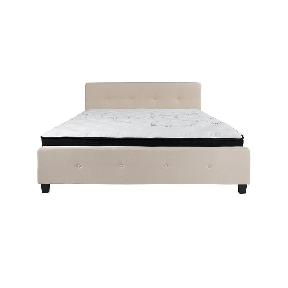 King Size Platform Bed in Beige Fabric with Pocket Spring Mattress