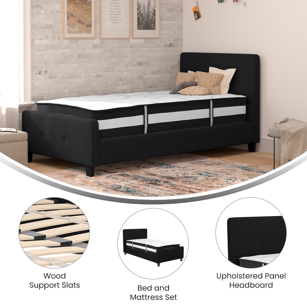 Twin Size Platform Bed in Black Fabric with Pocket Spring Mattress