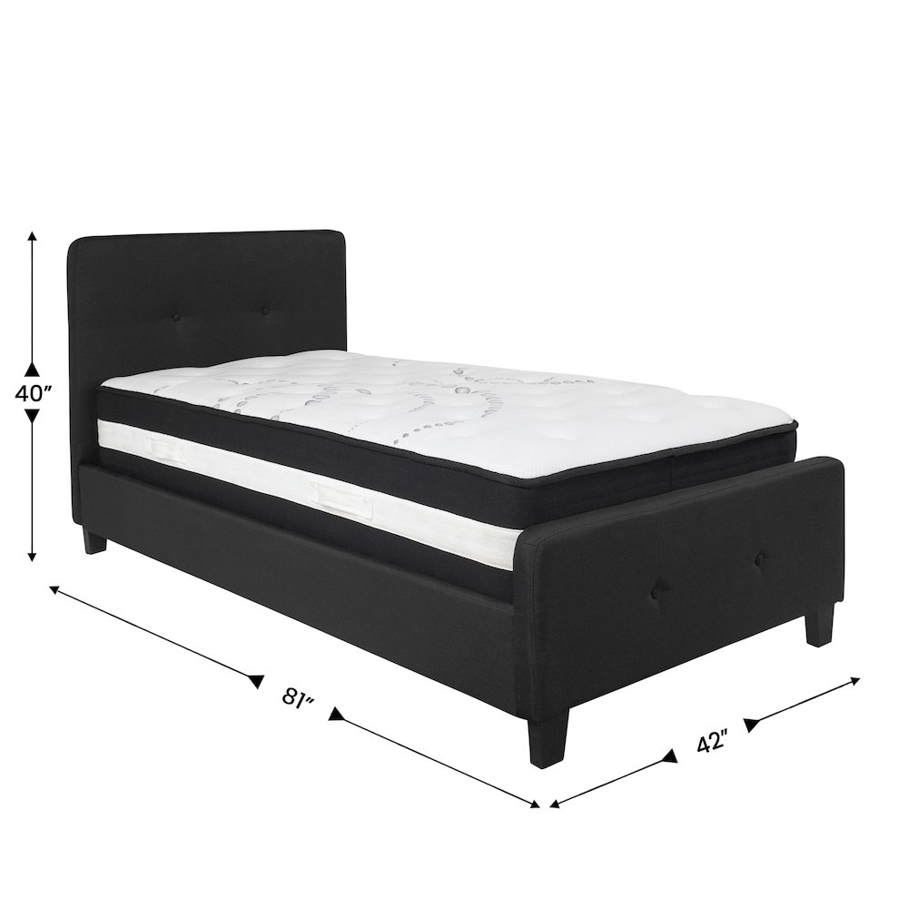 Twin Size Platform Bed in Black Fabric with Pocket Spring Mattress