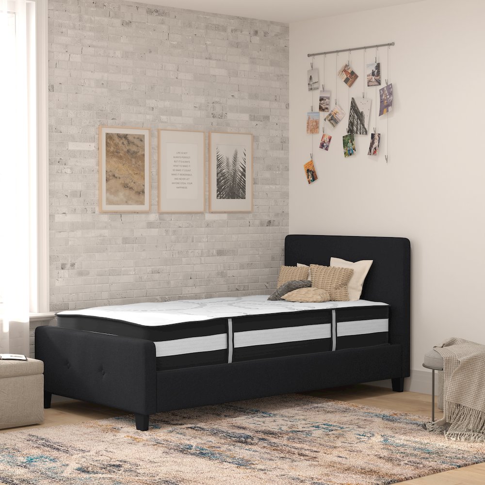 Twin Size Platform Bed in Black Fabric with Pocket Spring Mattress