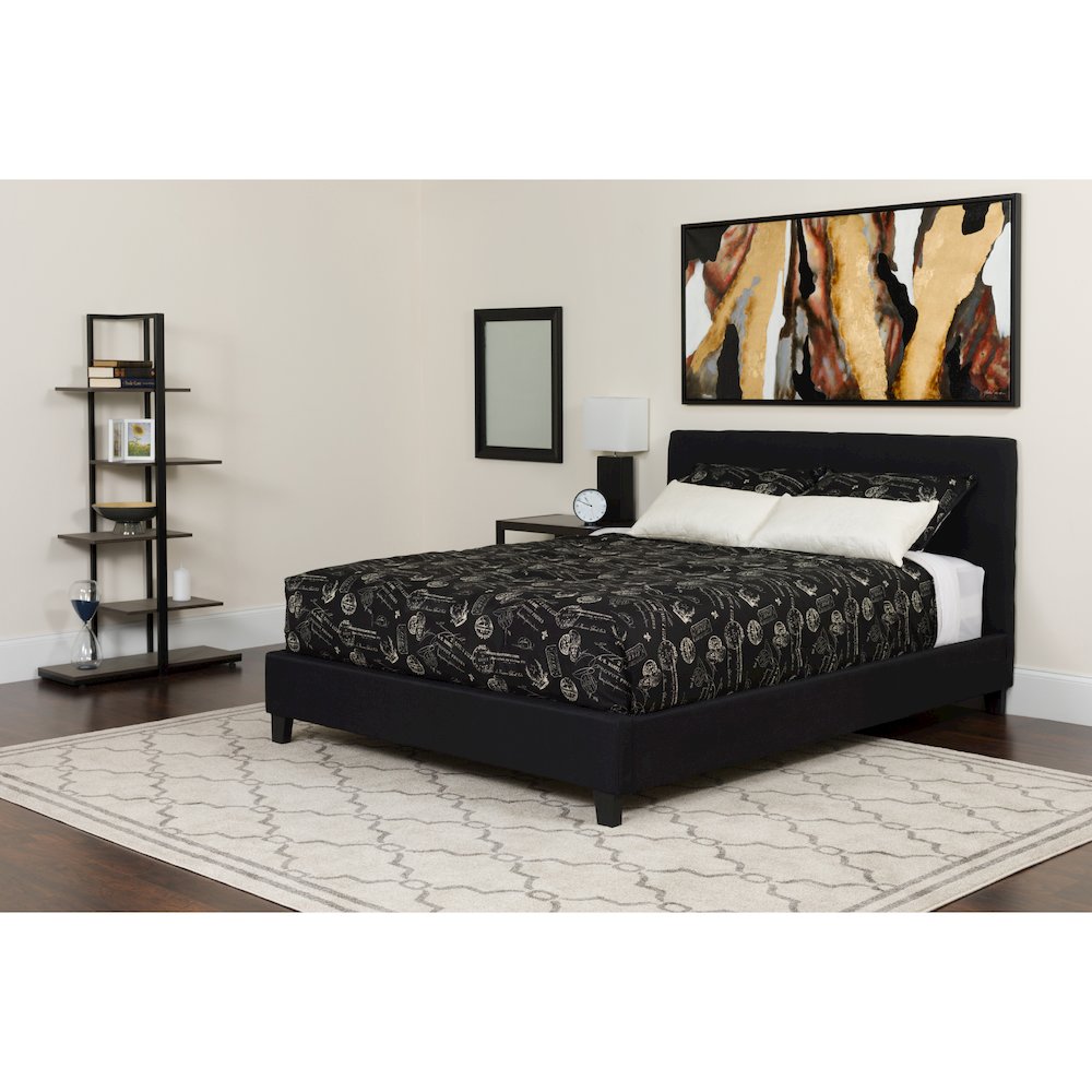 Full Size Platform Bed in Black Fabric with Pocket Spring Mattress