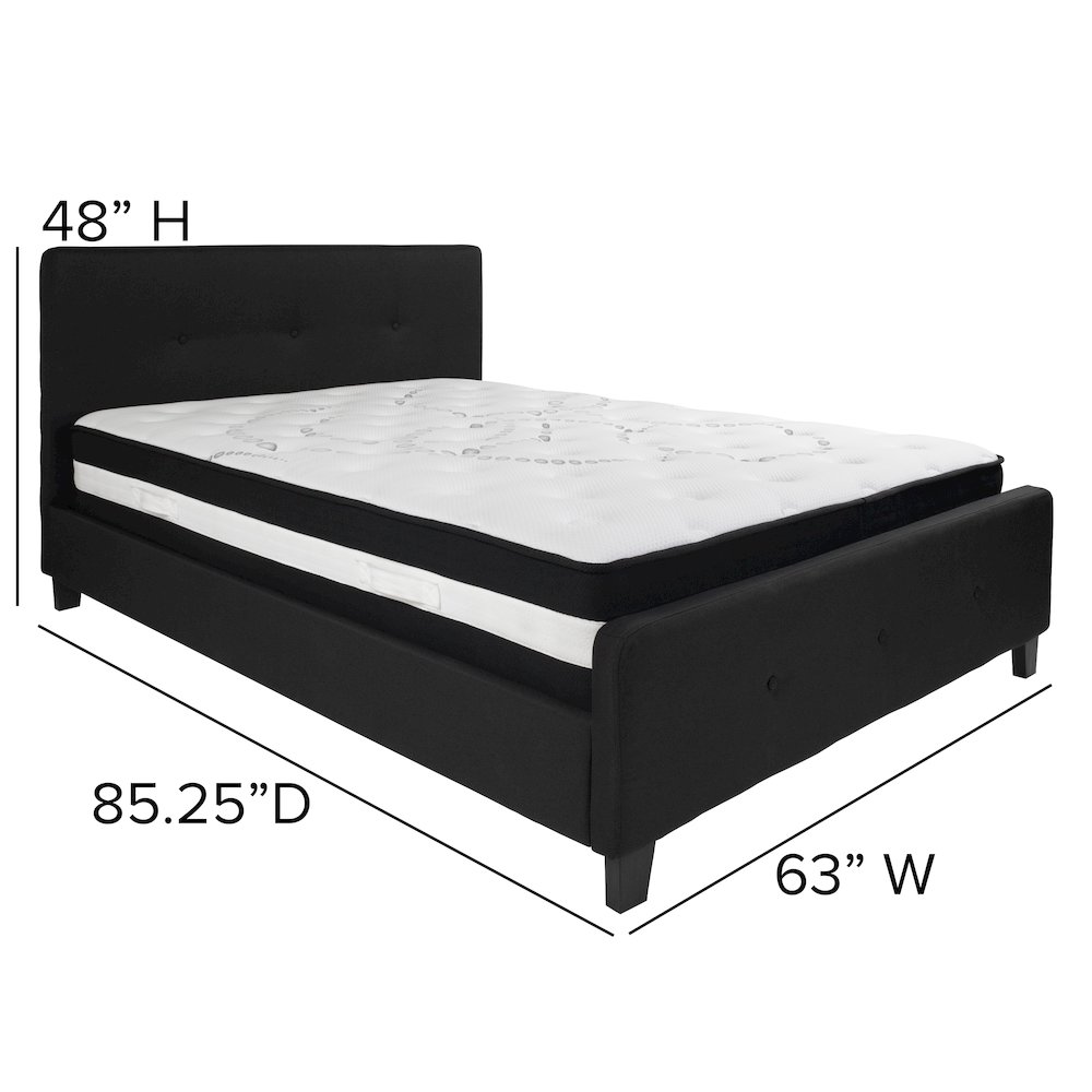 Queen Size Platform Bed in Black Fabric with Pocket Spring Mattress