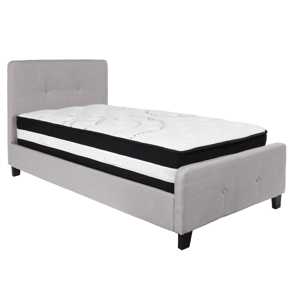 Twin Size Platform Bed in Light Gray Fabric with Pocket Spring Mattress