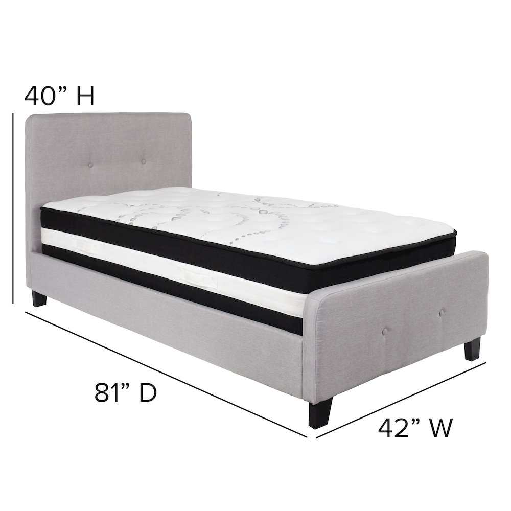 Twin Size Platform Bed in Light Gray Fabric with Pocket Spring Mattress