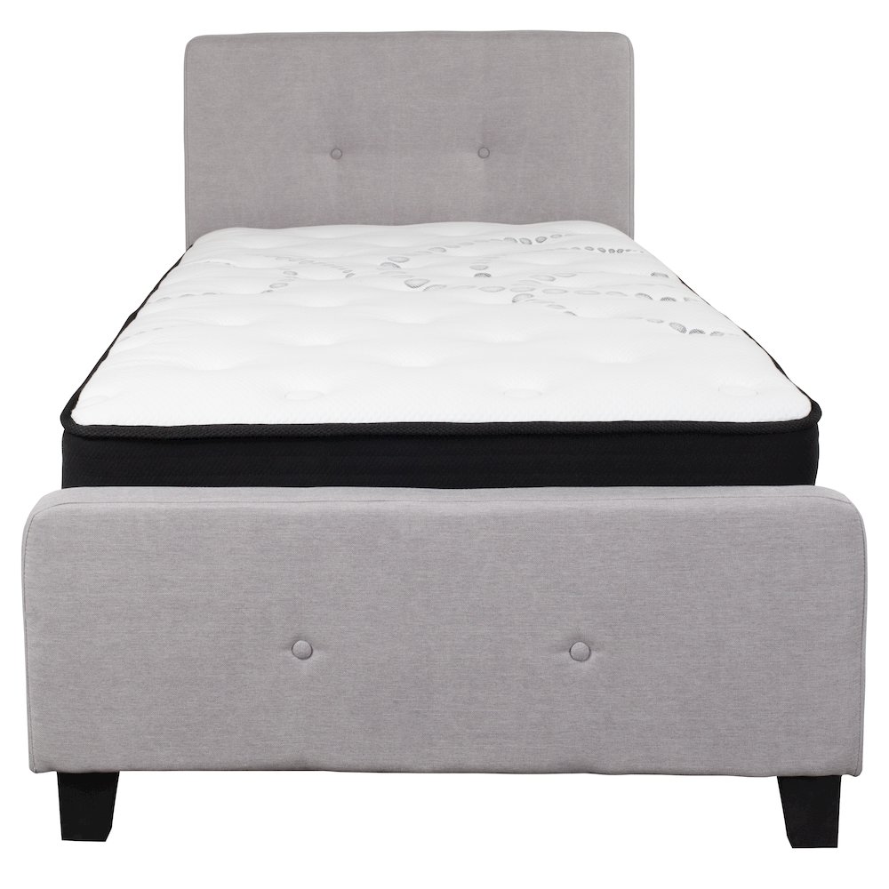 Twin Size Platform Bed in Light Gray Fabric with Pocket Spring Mattress