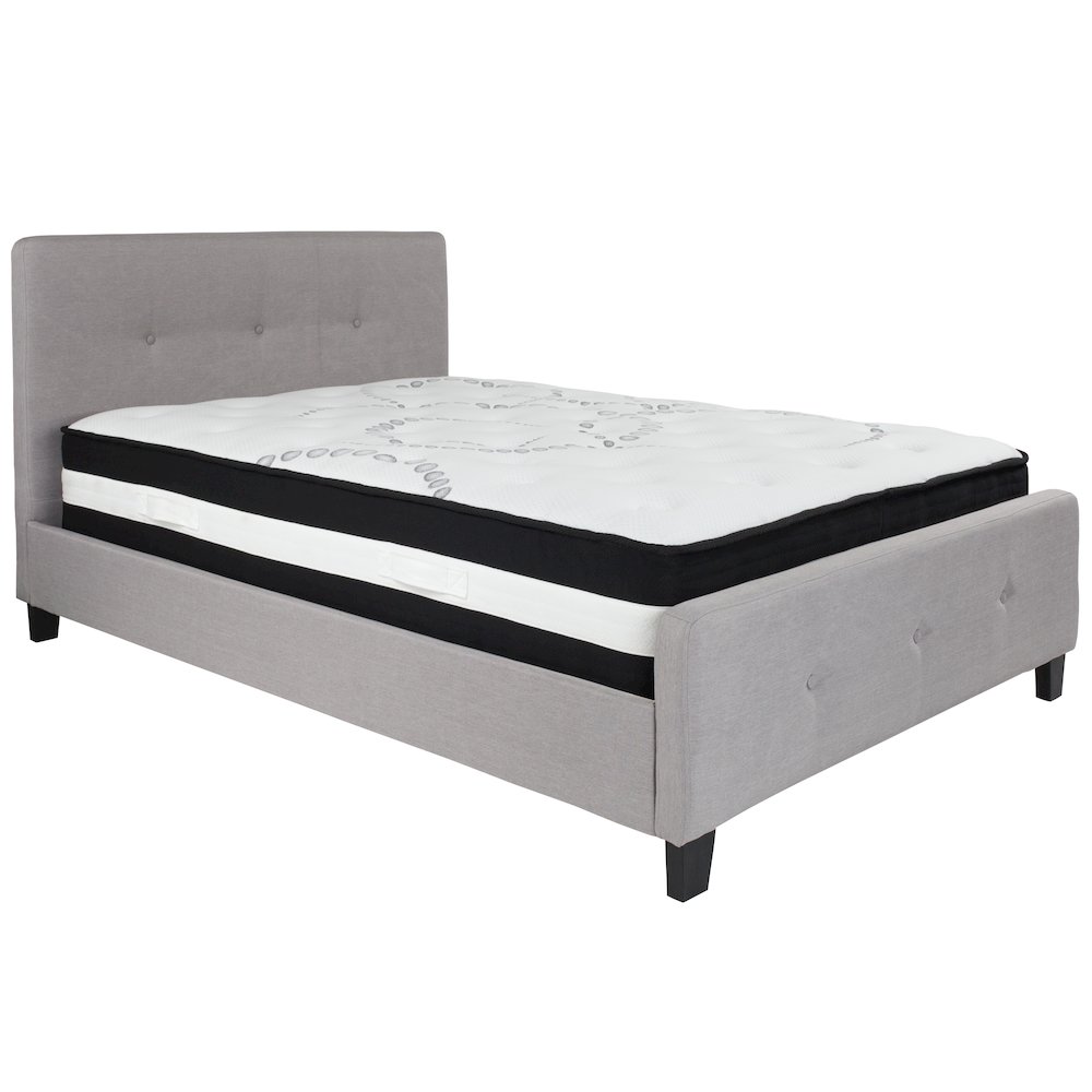 Full Size Platform Bed in Light Gray Fabric with Pocket Spring Mattress