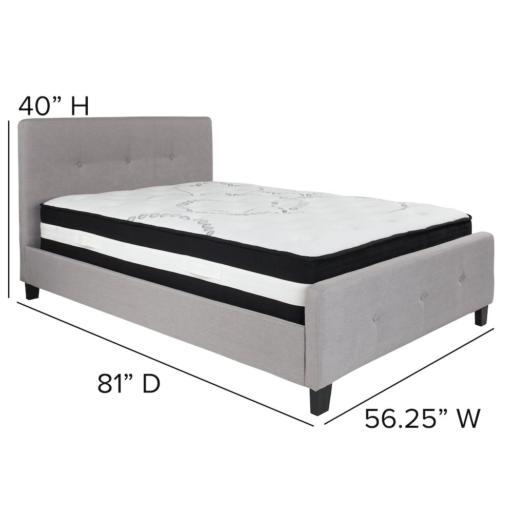 Full Size Platform Bed in Light Gray Fabric with Pocket Spring Mattress