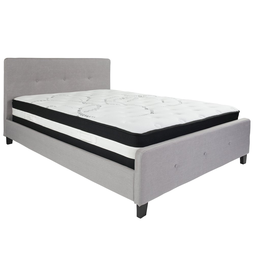 Queen Size Platform Bed in Light Gray Fabric with Pocket Spring Mattress