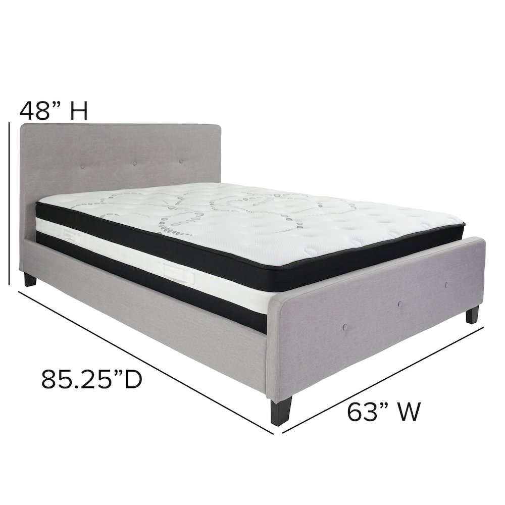 Queen Size Platform Bed in Light Gray Fabric with Pocket Spring Mattress