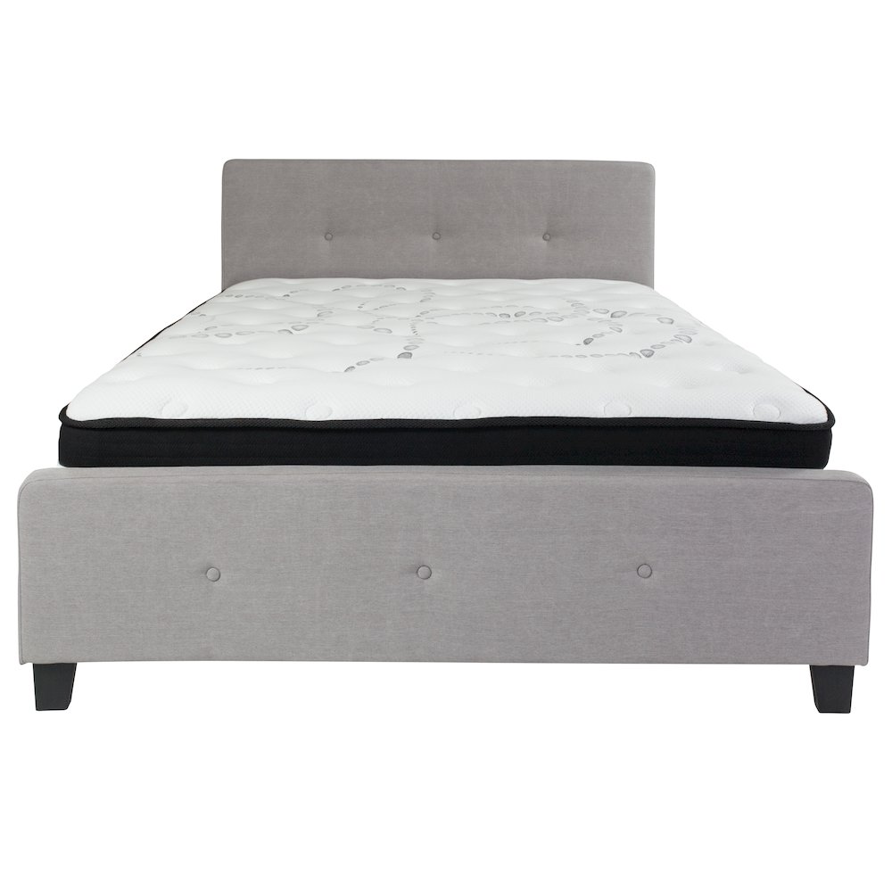Queen Size Platform Bed in Light Gray Fabric with Pocket Spring Mattress