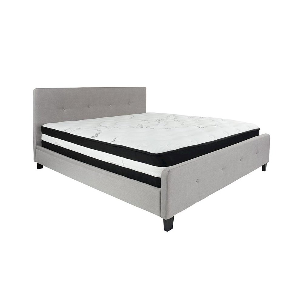 King Size Platform Bed in Light Gray Fabric with Pocket Spring Mattress