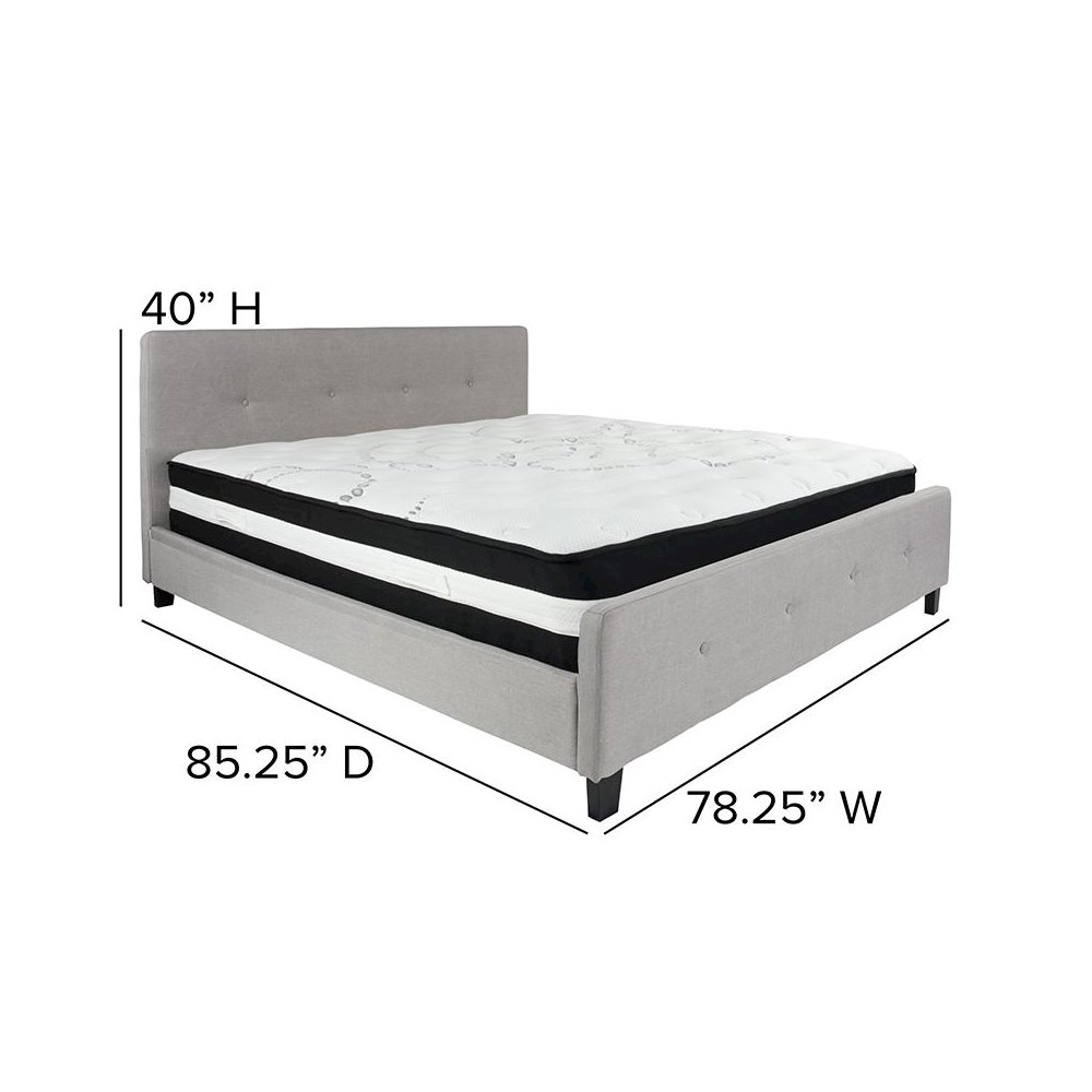 King Size Platform Bed in Light Gray Fabric with Pocket Spring Mattress