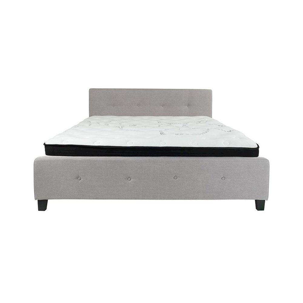 King Size Platform Bed in Light Gray Fabric with Pocket Spring Mattress