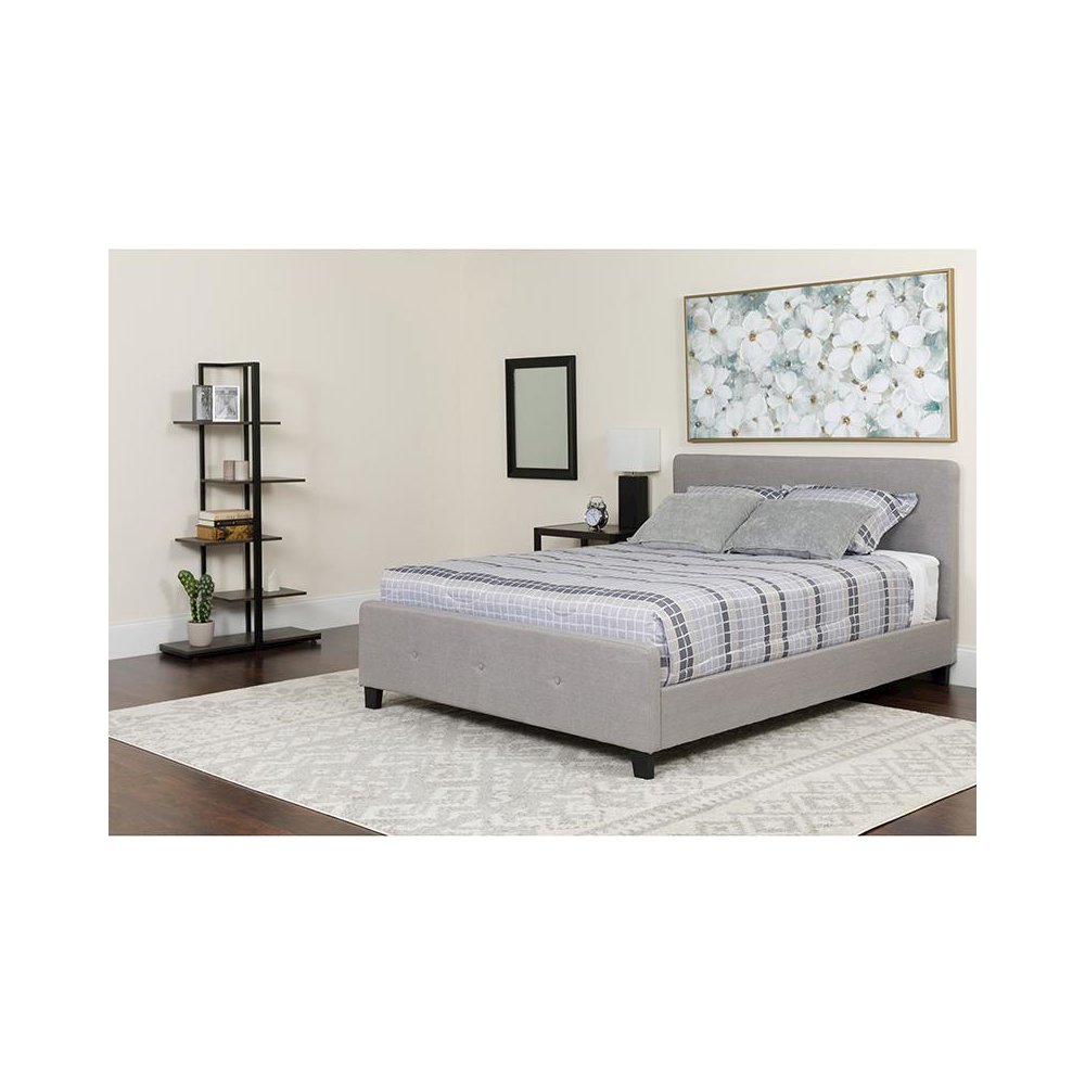 King Size Platform Bed in Light Gray Fabric with Pocket Spring Mattress