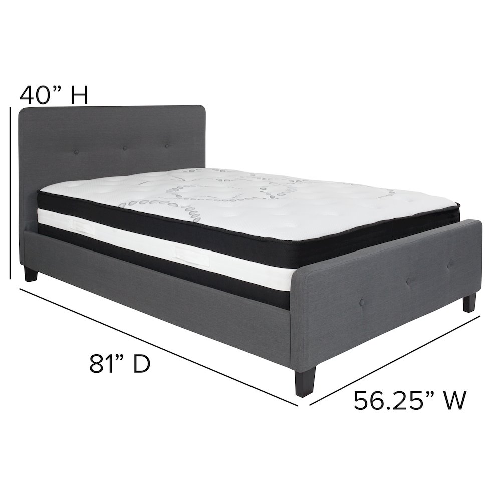 Full Size Platform Bed in Dark Gray Fabric with Pocket Spring Mattress
