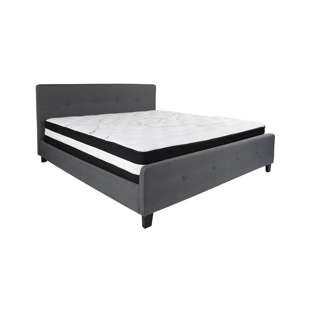 King Size Platform Bed in Dark Gray Fabric with Pocket Spring Mattress
