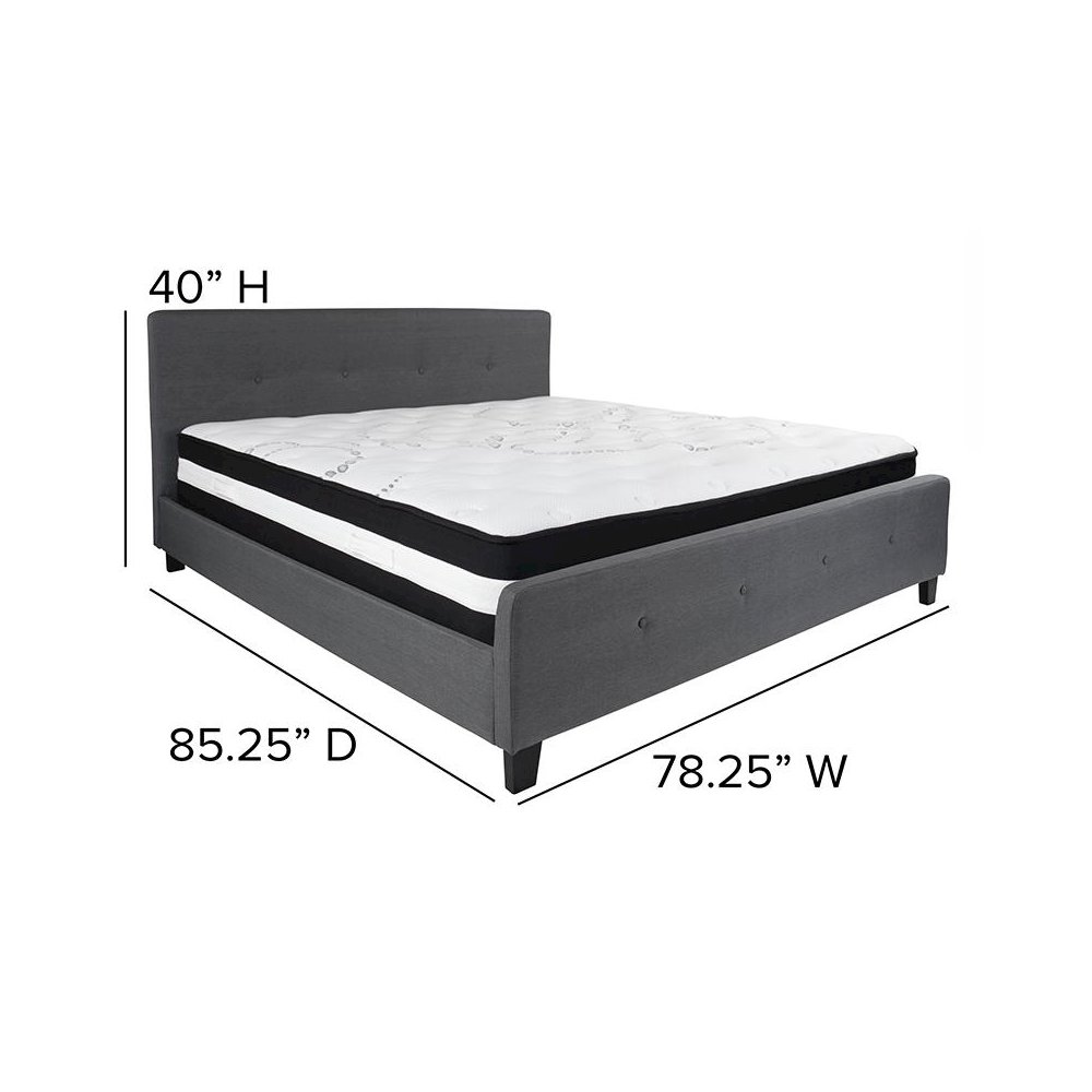 King Size Platform Bed in Dark Gray Fabric with Pocket Spring Mattress