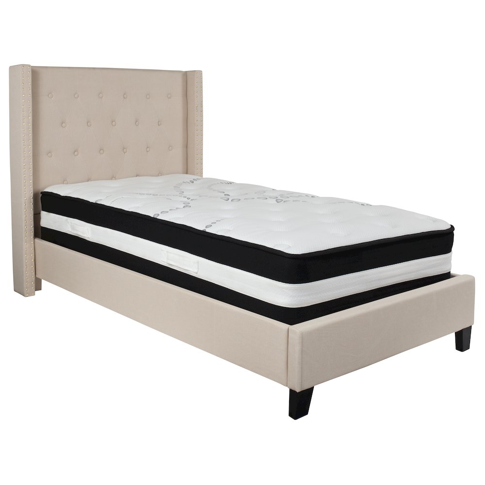Twin Size Platform Bed in Beige Fabric with Pocket Spring Mattress