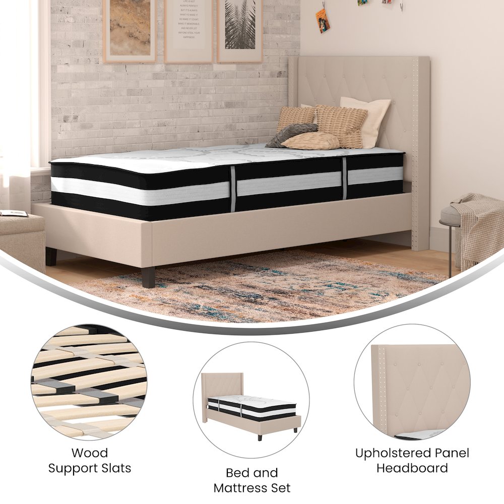 Twin Size Platform Bed in Beige Fabric with Pocket Spring Mattress