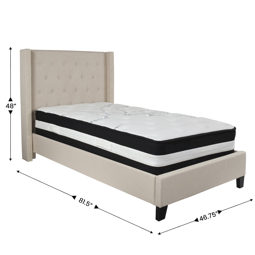 Twin Size Platform Bed in Beige Fabric with Pocket Spring Mattress