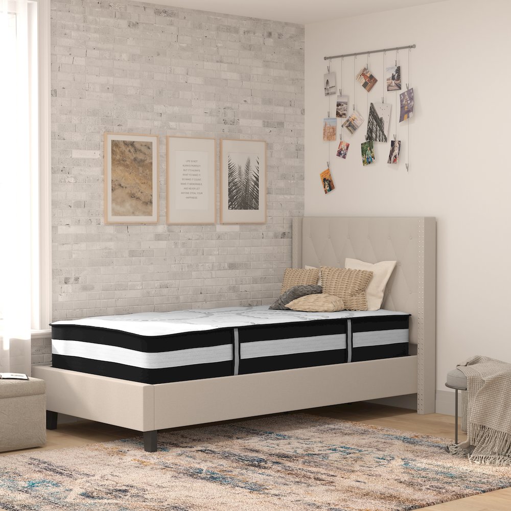 Twin Size Platform Bed in Beige Fabric with Pocket Spring Mattress