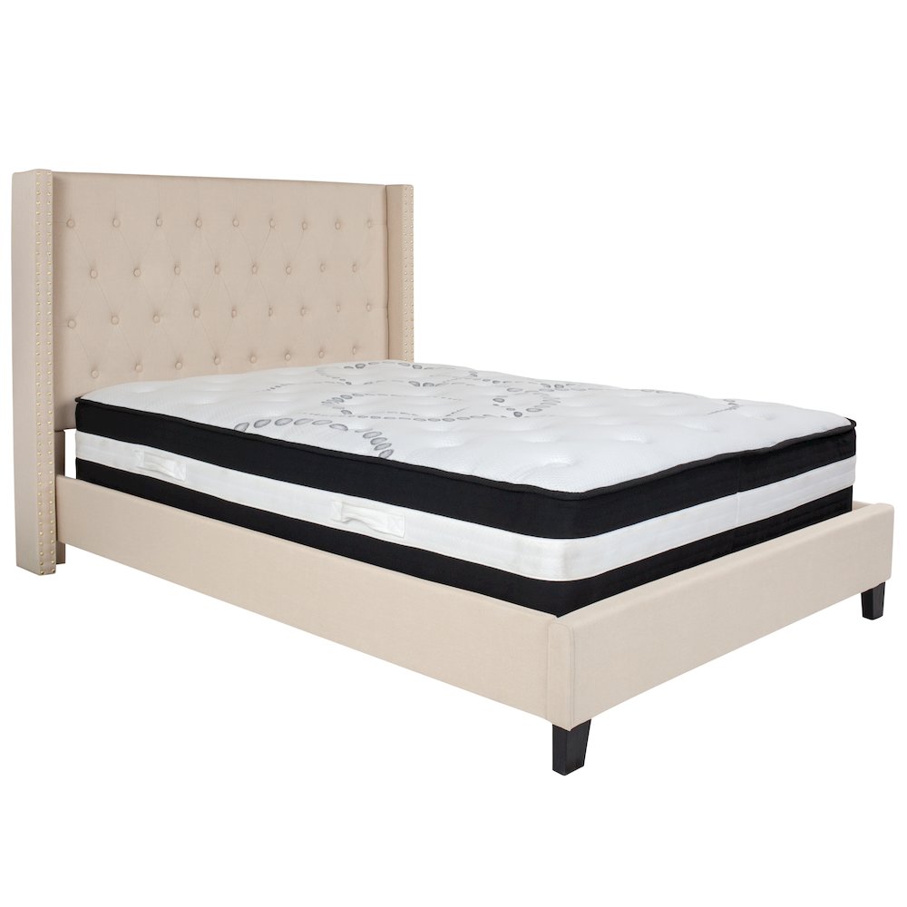 Full Size Platform Bed in Beige Fabric with Pocket Spring Mattress