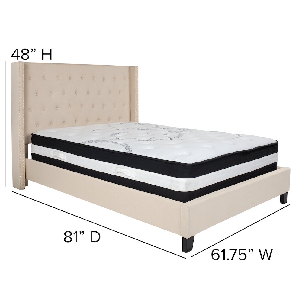 Full Size Platform Bed in Beige Fabric with Pocket Spring Mattress