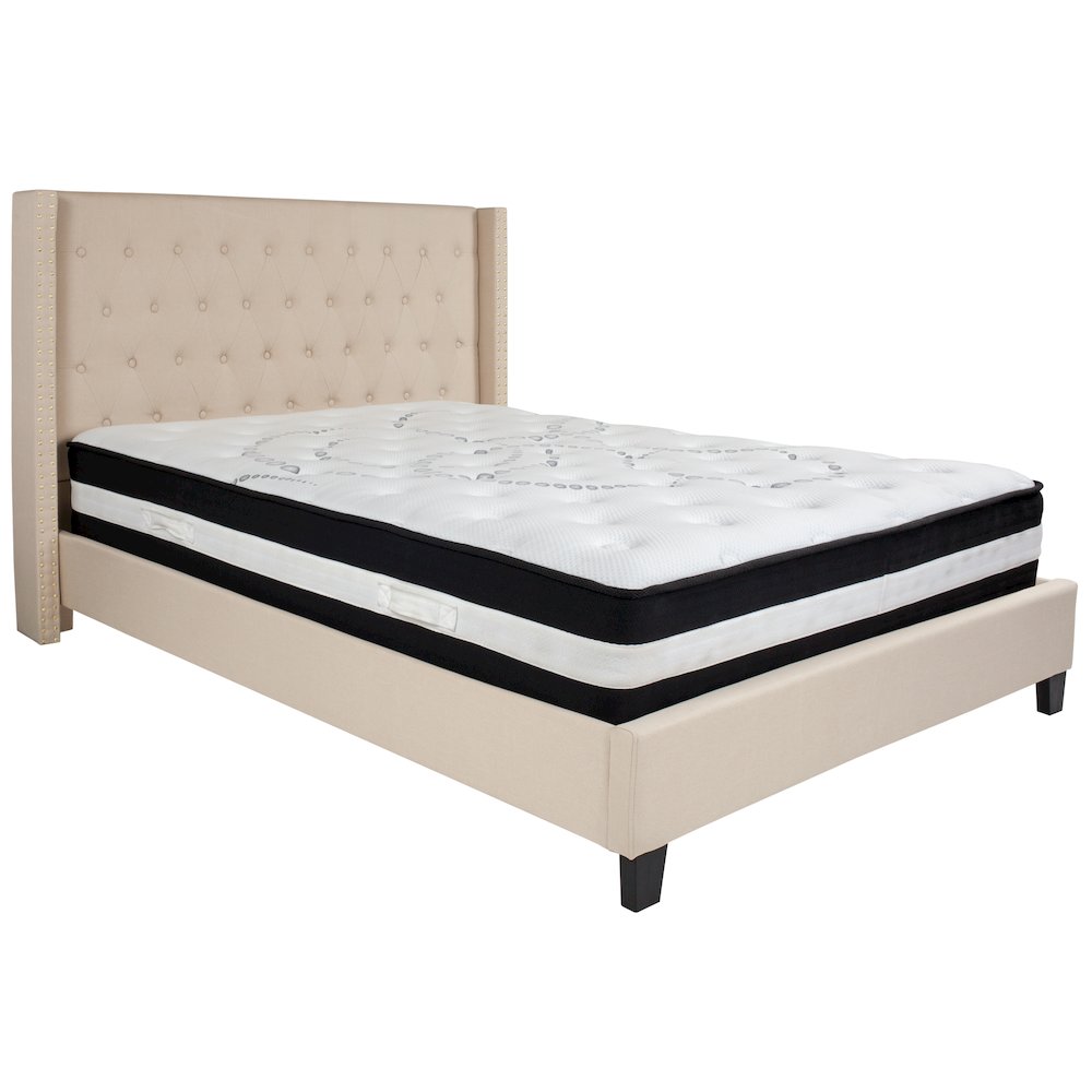 Queen Size Platform Bed in Beige Fabric with Pocket Spring Mattress