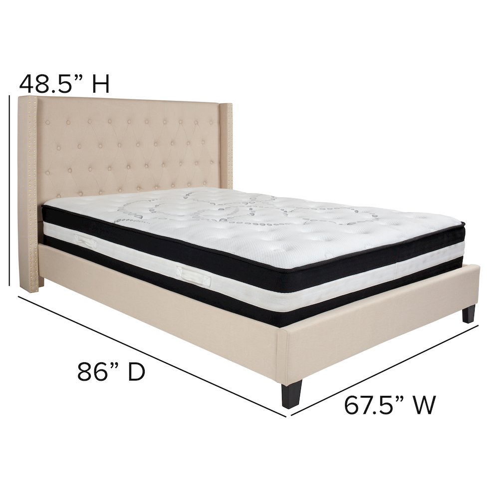 Queen Size Platform Bed in Beige Fabric with Pocket Spring Mattress