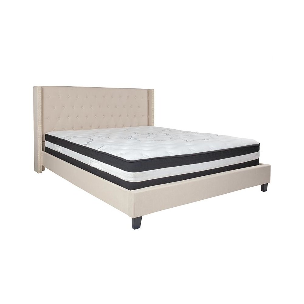 King Size Platform Bed in Beige Fabric with Pocket Spring Mattress