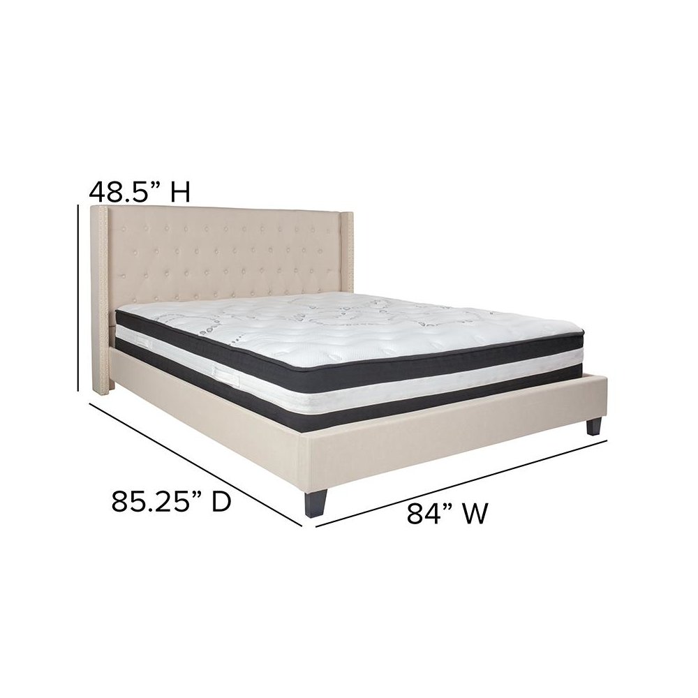King Size Platform Bed in Beige Fabric with Pocket Spring Mattress