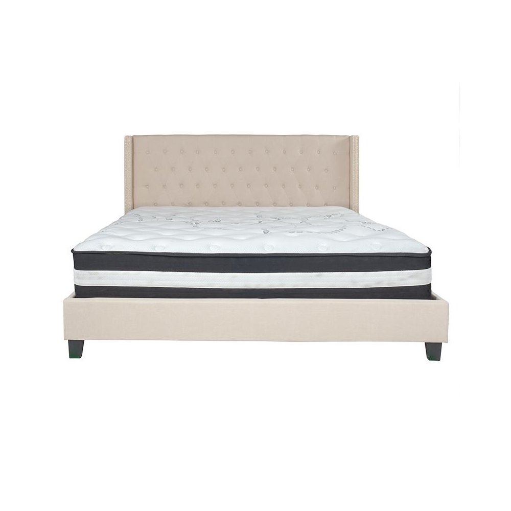 King Size Platform Bed in Beige Fabric with Pocket Spring Mattress