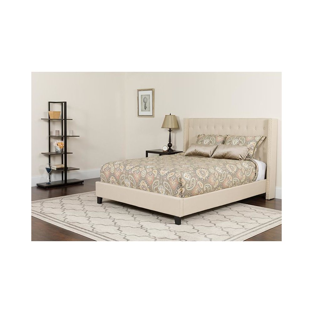 King Size Platform Bed in Beige Fabric with Pocket Spring Mattress