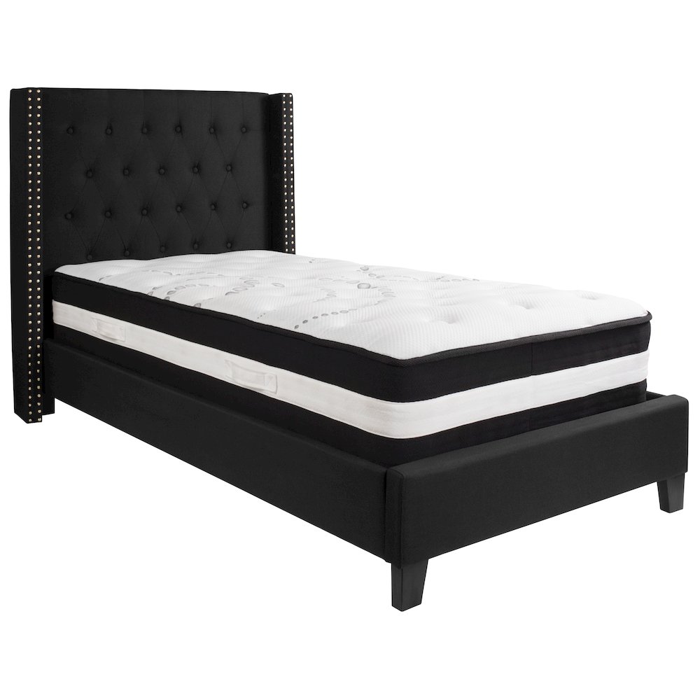 Twin Size Platform Bed in Black Fabric with Pocket Spring Mattress