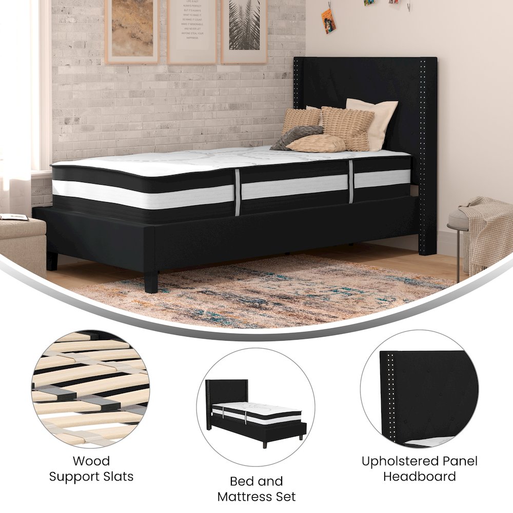 Twin Size Platform Bed in Black Fabric with Pocket Spring Mattress