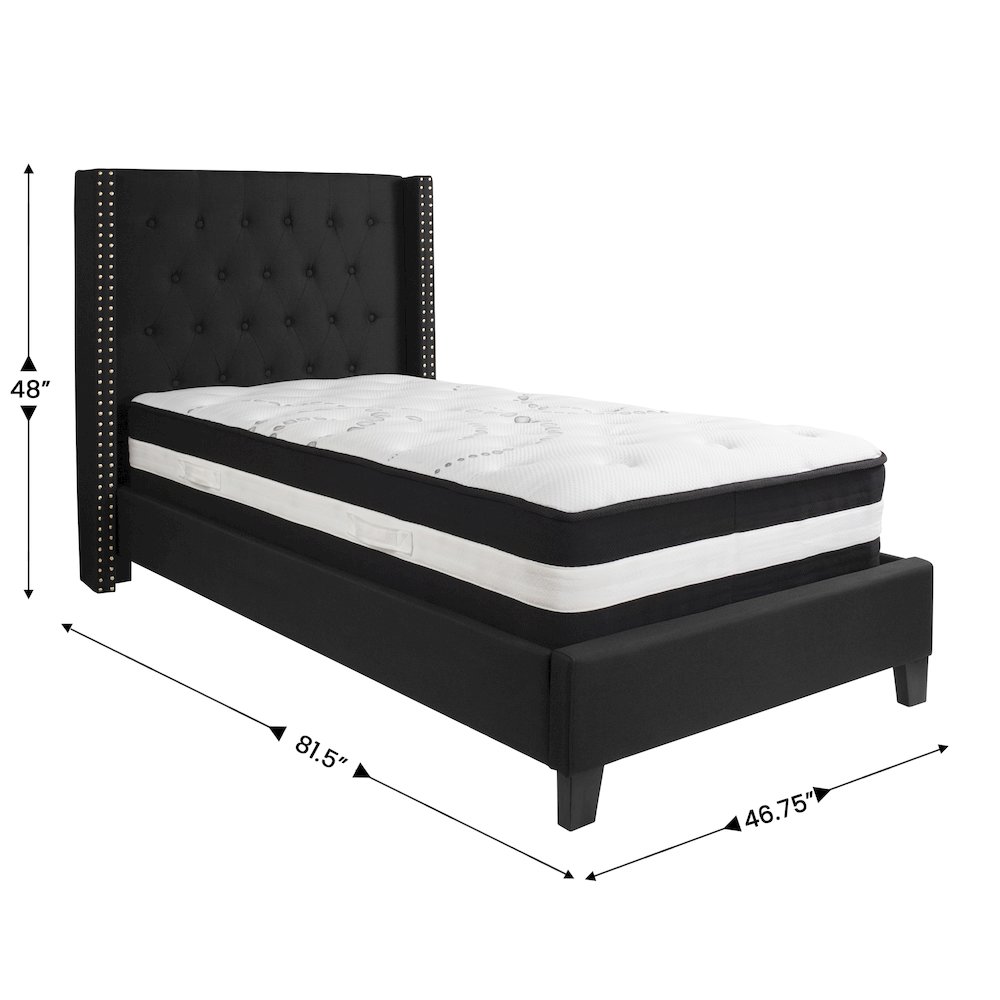 Twin Size Platform Bed in Black Fabric with Pocket Spring Mattress
