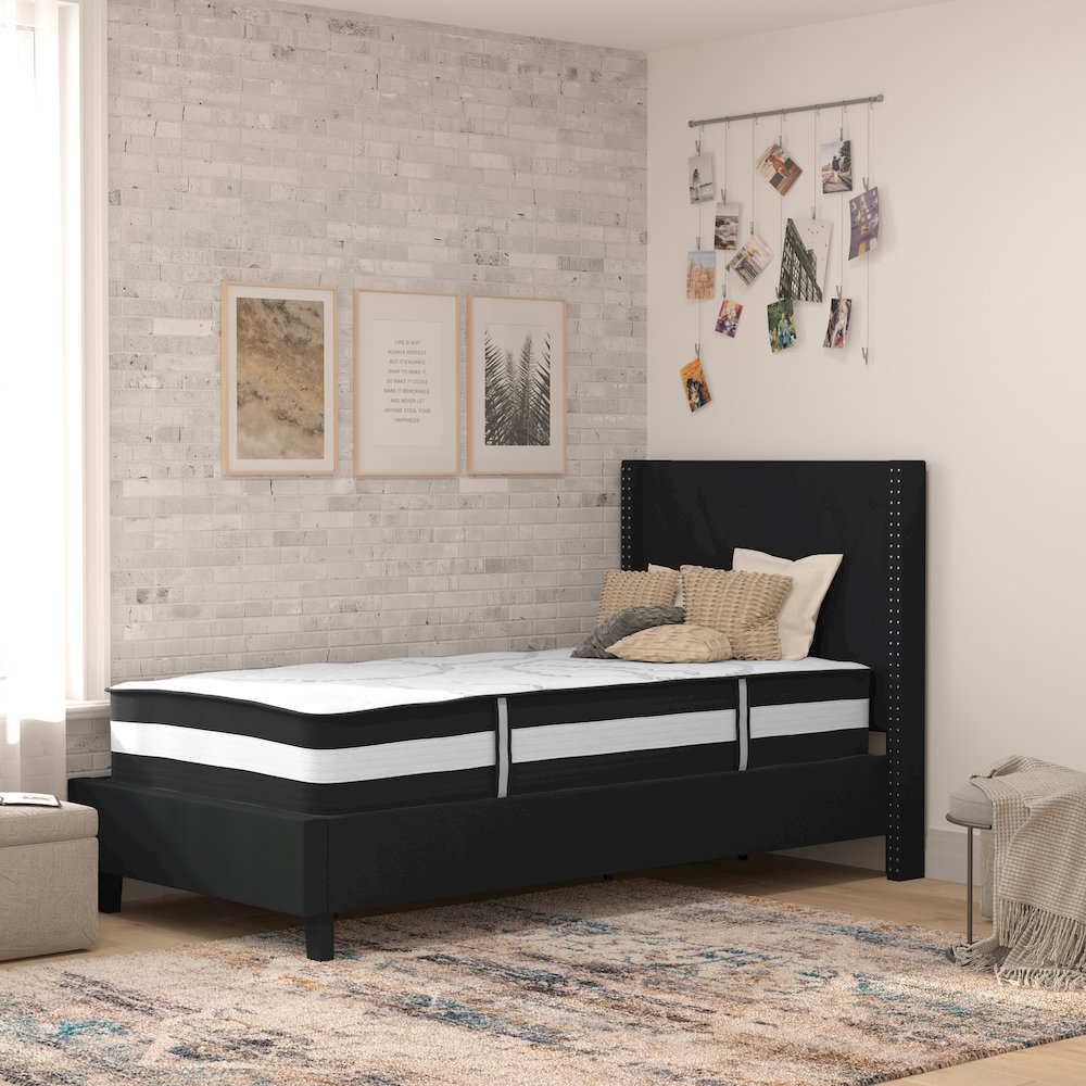 Twin Size Platform Bed in Black Fabric with Pocket Spring Mattress